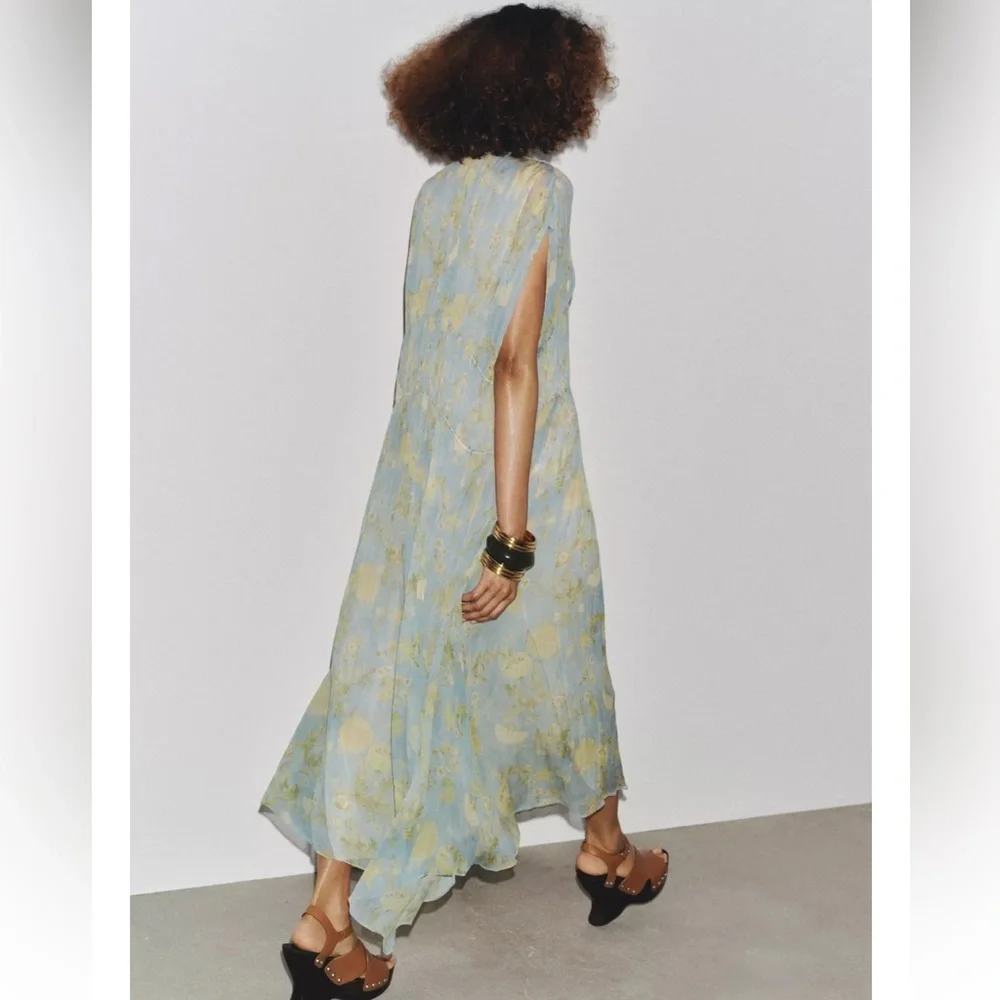 Bohemian Tie-Front Maxi Dress in Sage with Gold Floral - Picture 4 of 15